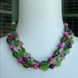 Vintage Multi-Color glass Beaded Leaf Statement Necklace